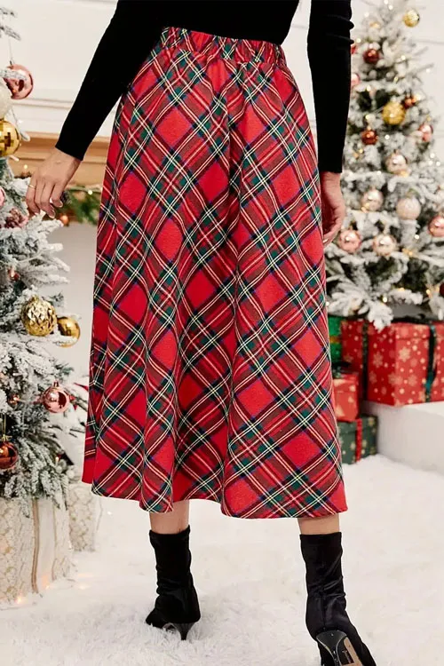 High-waisted casual loose-fitting plaid A-line skirt