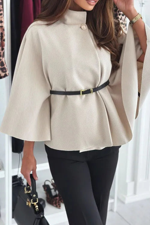 Solid Colour Waist Tie Tweed Poncho Jacket