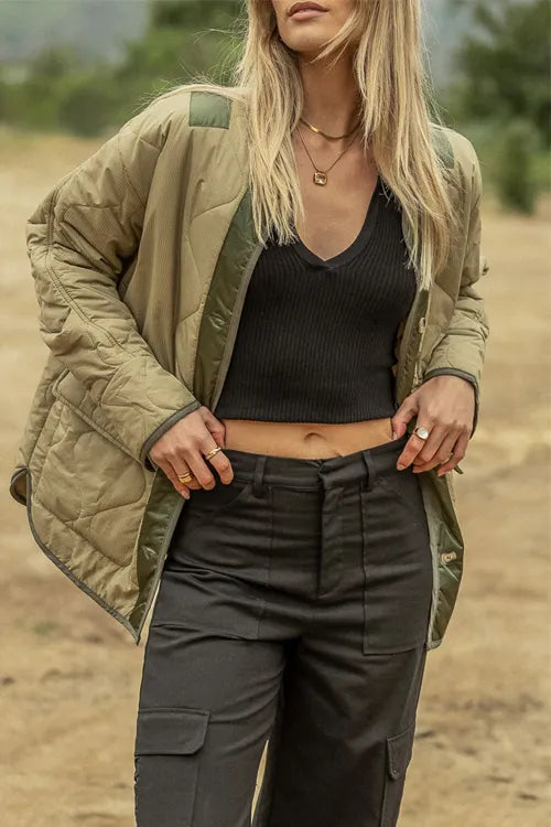 Hourglass quilted cotton color-block double patch pocket jacket