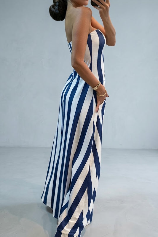 Striped Midriff-Baring Bandeau Top & Skirt Set