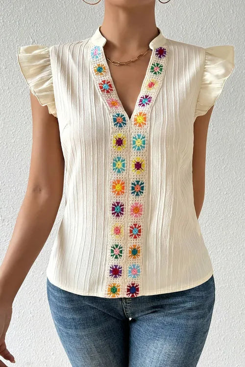 Floral Handmade Crochet V-Neck Covered Sleeve Shirt