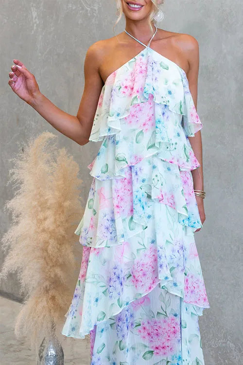 Printed tie-waist chiffon resort dress