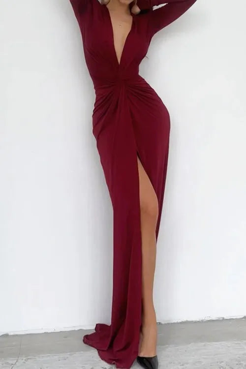 Slim Fit V-neck Pleated Skirt Formal Dress