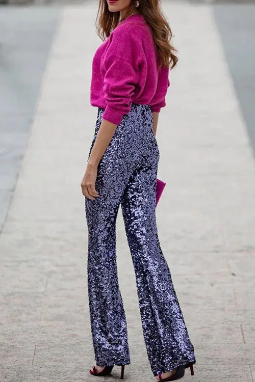 Holidays Sequin Elastic Waist Slim Fit Stretch Flare Pants