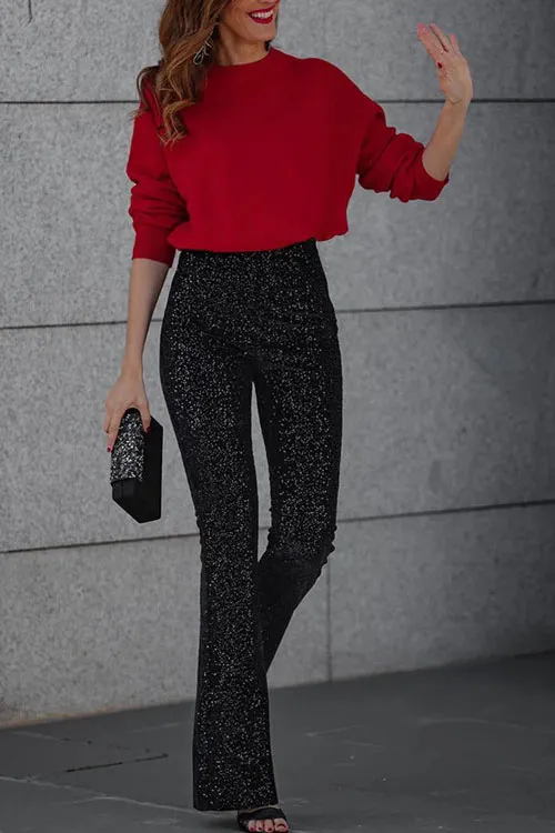 Holidays Sequin Elastic Waist Slim Fit Stretch Flare Pants