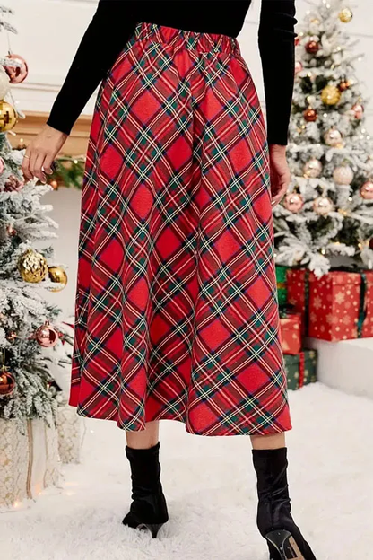 High-waisted casual loose-fitting plaid A-line skirt