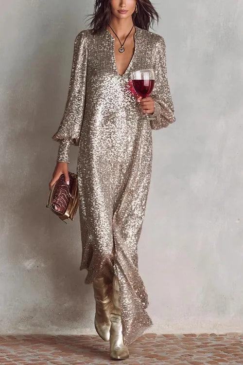 Long-sleeved sequined slit dress