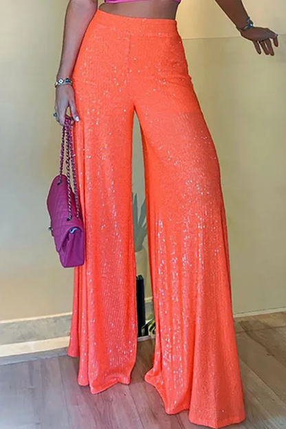 Solid sequined high-waisted wide-leg flared casual pants