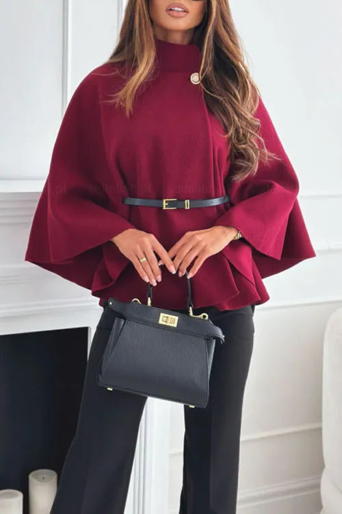 Solid Colour Waist Tie Tweed Poncho Jacket