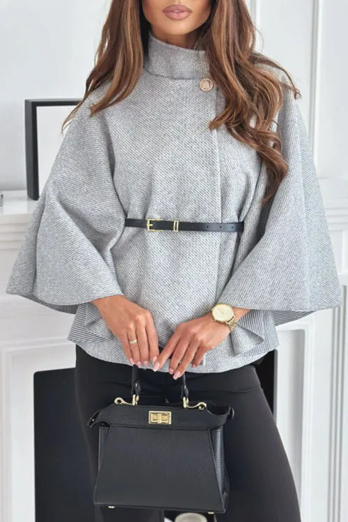 Solid Colour Waist Tie Tweed Poncho Jacket