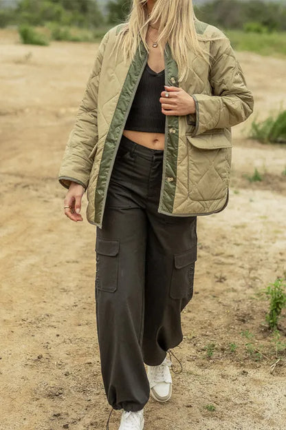 Hourglass quilted cotton color-block double patch pocket jacket