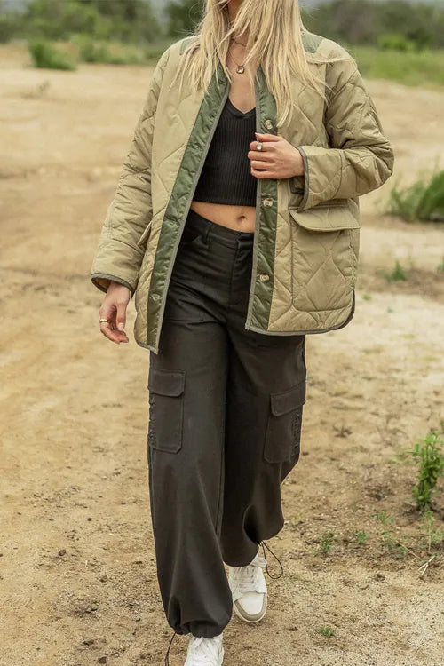Hourglass quilted cotton color-block double patch pocket jacket