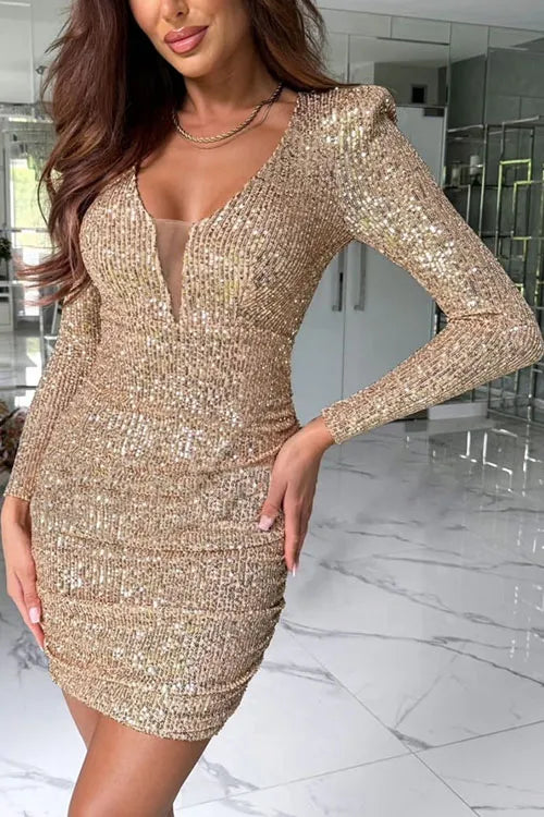 V-neck Bodycon Sequin Evening Gown