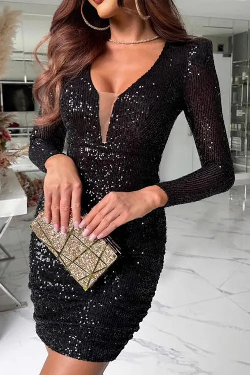 V-neck Bodycon Sequin Evening Gown