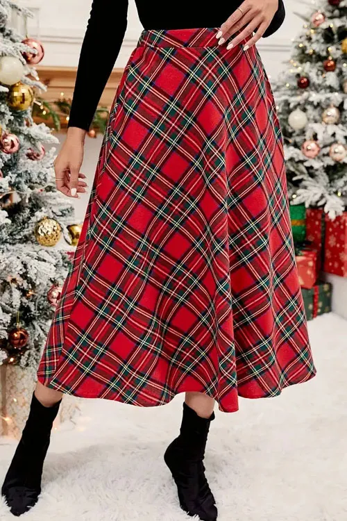 High-waisted casual loose-fitting plaid A-line skirt