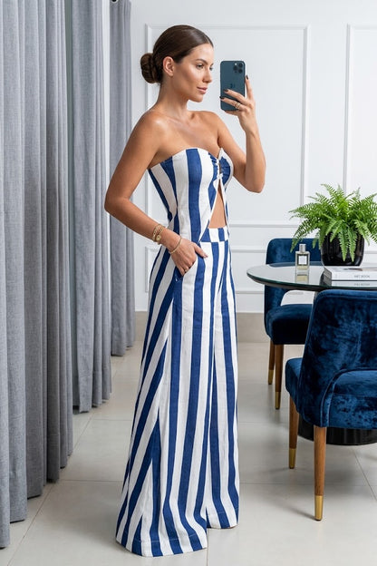 Striped Midriff-Baring Bandeau Top & Skirt Set