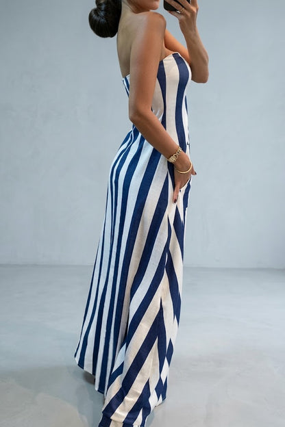 Striped Midriff-Baring Bandeau Top & Skirt Set
