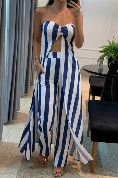 Striped Midriff-Baring Bandeau Top & Skirt Set