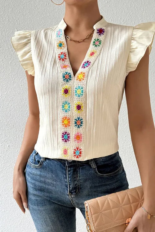 Floral Handmade Crochet V-Neck Covered Sleeve Shirt