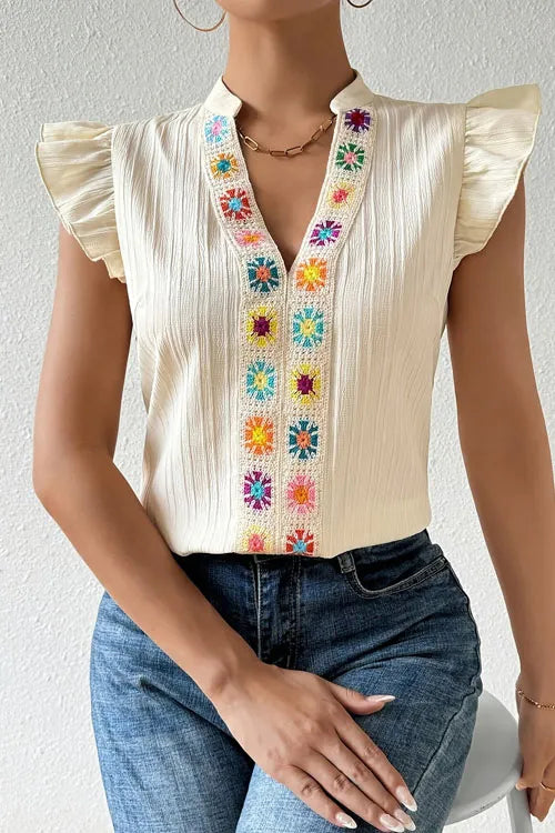 Floral Handmade Crochet V-Neck Covered Sleeve Shirt