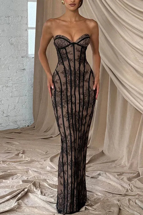 Lace strapless fishtail pencil dress