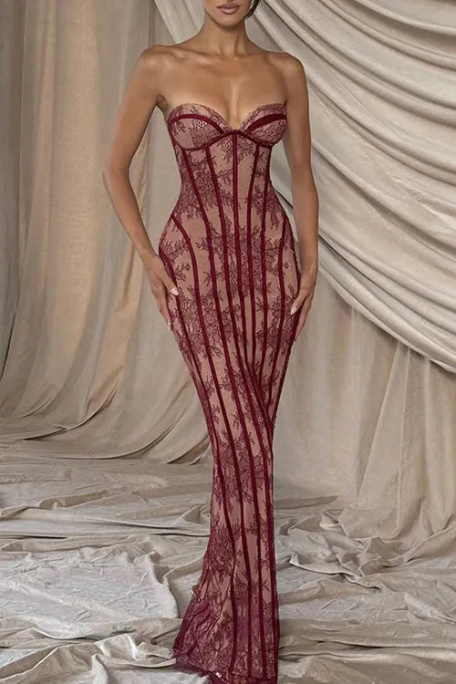 Lace strapless fishtail pencil dress