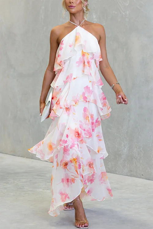 Printed tie-waist chiffon resort dress