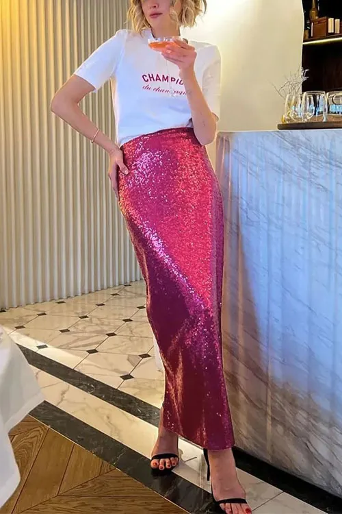 High Waist Sequin Tight Waist Back Split Stretch Straight Halter SkirtHigh Waist Sequin Tight Waist Back Split Stretch Straight Halter Skirt