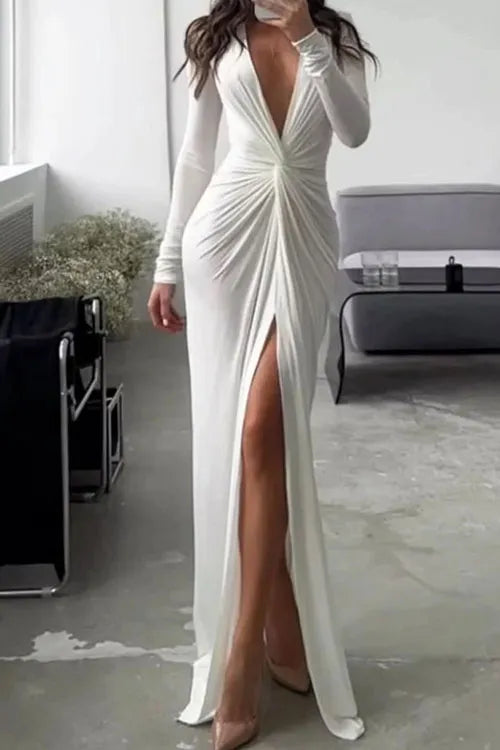 Slim Fit V-neck Pleated Skirt Formal Dress