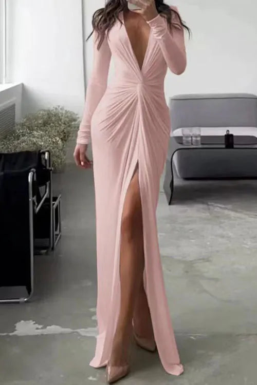 Slim Fit V-neck Pleated Skirt Formal Dress
