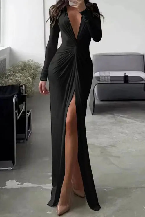 Slim Fit V-neck Pleated Skirt Formal Dress