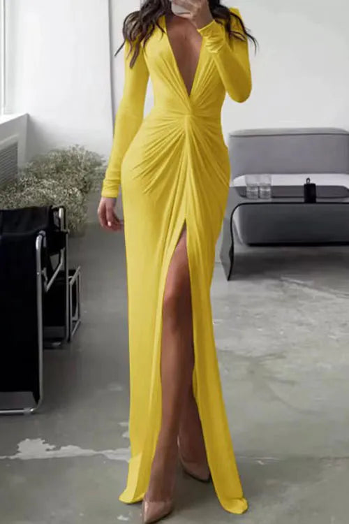 Slim Fit V-neck Pleated Skirt Formal Dress