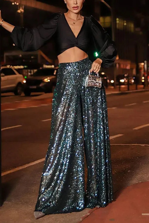 Solid sequined high-waisted wide-leg flared casual pants