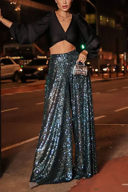 Solid sequined high-waisted wide-leg flared casual pants