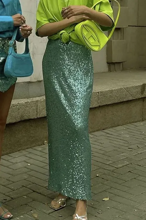 High Waist Sequin Tight Waist Back Split Stretch Straight Halter SkirtHigh Waist Sequin Tight Waist Back Split Stretch Straight Halter Skirt