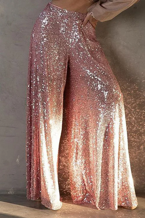 Solid sequined high-waisted wide-leg flared casual pants