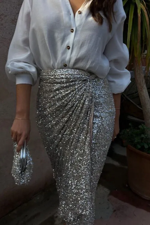 Party wrap sequined slit skirt