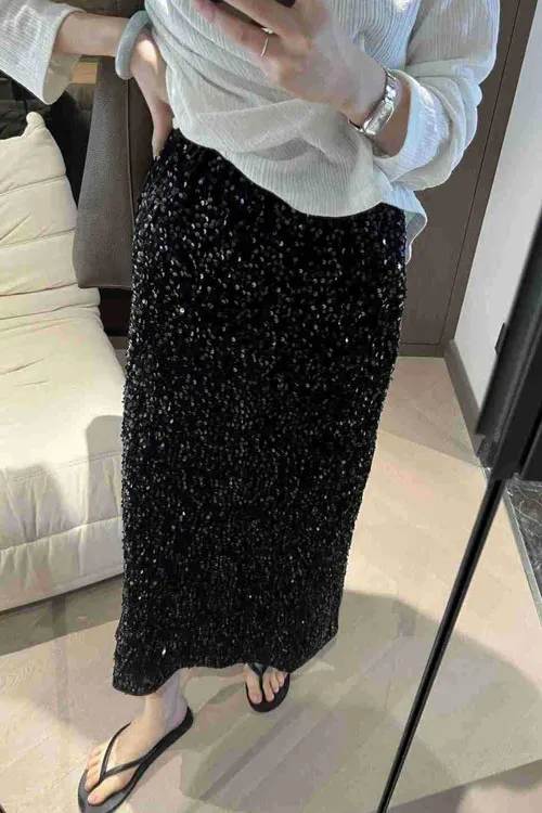 High Waist Sequin Tight Waist Back Split Stretch Straight Halter SkirtHigh Waist Sequin Tight Waist Back Split Stretch Straight Halter Skirt