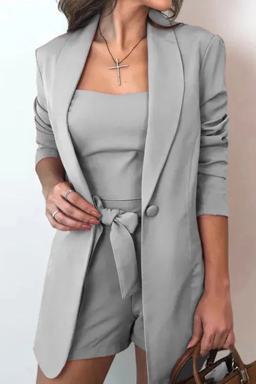 Ladies Chic Coat High Waist Shorts Three Pieces Suit
