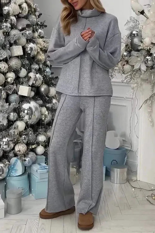 Solid color casual high collar knitted suit