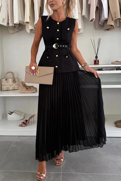 Sleeveless Chanel style vest mesh pleated skirt two-piece suit