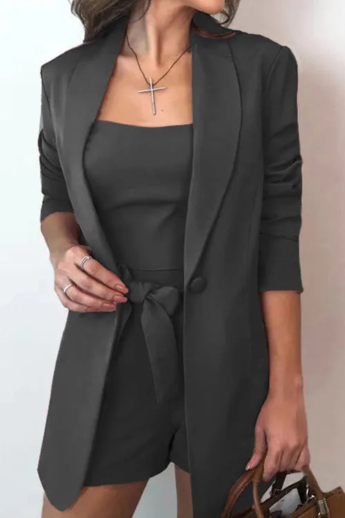Ladies Chic Coat High Waist Shorts Three Pieces Suit