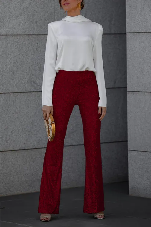 Holidays Sequin Elastic Waist Slim Fit Stretch Flare Pants