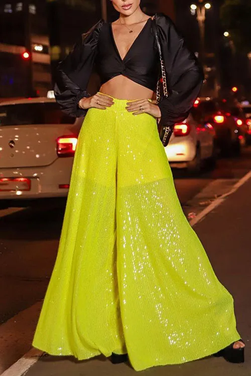 Solid sequined high-waisted wide-leg flared casual pants