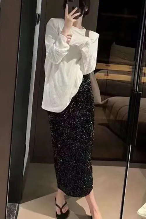 High Waist Sequin Tight Waist Back Split Stretch Straight Halter SkirtHigh Waist Sequin Tight Waist Back Split Stretch Straight Halter Skirt