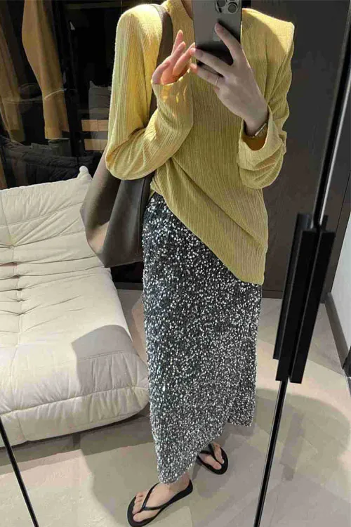 High Waist Sequin Tight Waist Back Split Stretch Straight Halter SkirtHigh Waist Sequin Tight Waist Back Split Stretch Straight Halter Skirt