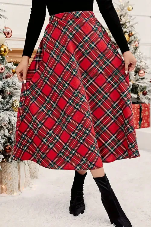 High-waisted casual loose-fitting plaid A-line skirt