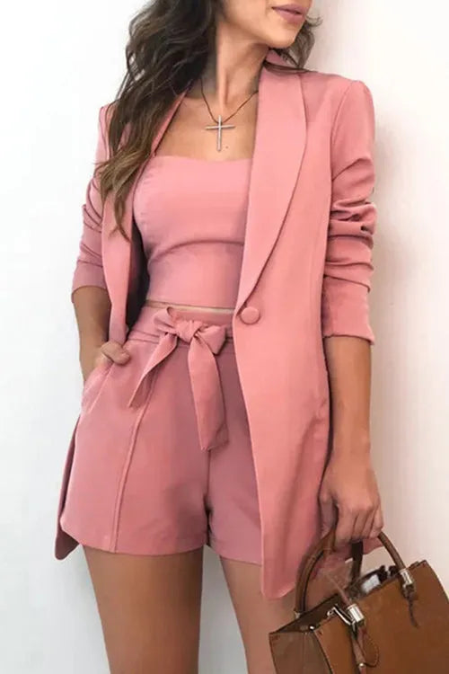 Ladies Chic Coat High Waist Shorts Three Pieces Suit