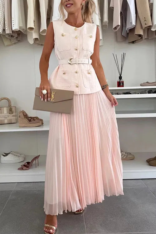 Sleeveless Chanel style vest mesh pleated skirt two-piece suit